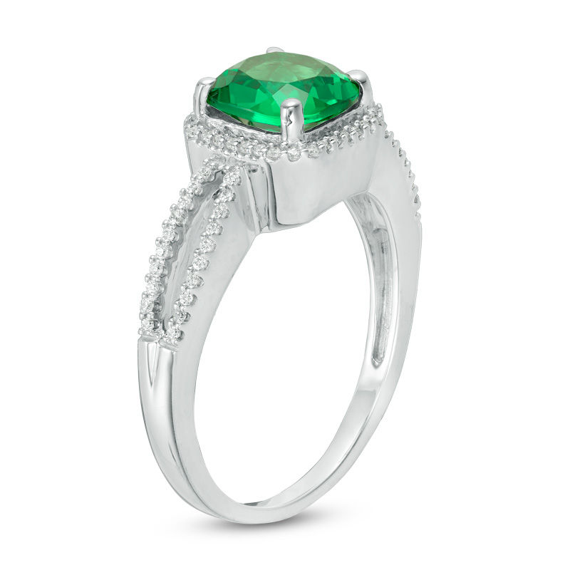 Main Image 2 of 7.0mm Cushion-Cut Lab-Created Emerald and 1/8 CT. T.W. Diamond Frame Split Shank Engagement Ring in 10K White Gold