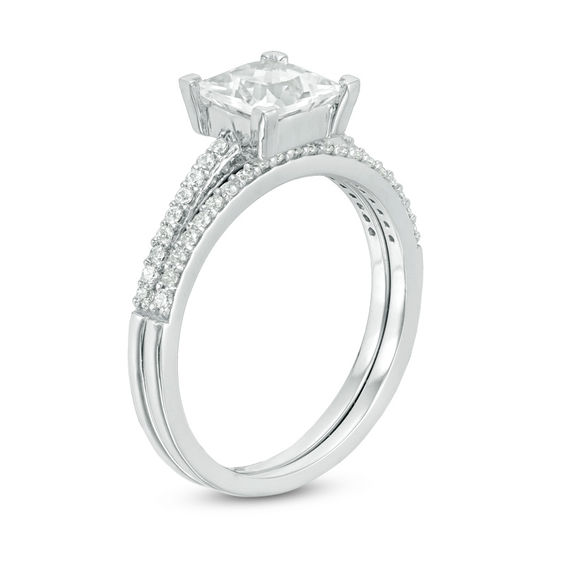 6.0mm Princess-Cut White Lab-Created Sapphire and 1/5 CT. T.w. Diamond Bridal Set in 10K White Gold