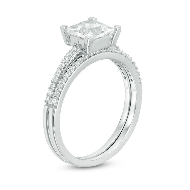 6.0mm Princess-Cut White Lab-Created Sapphire and 1/5 CT. T.W. Diamond Bridal Set in 10K White Gold