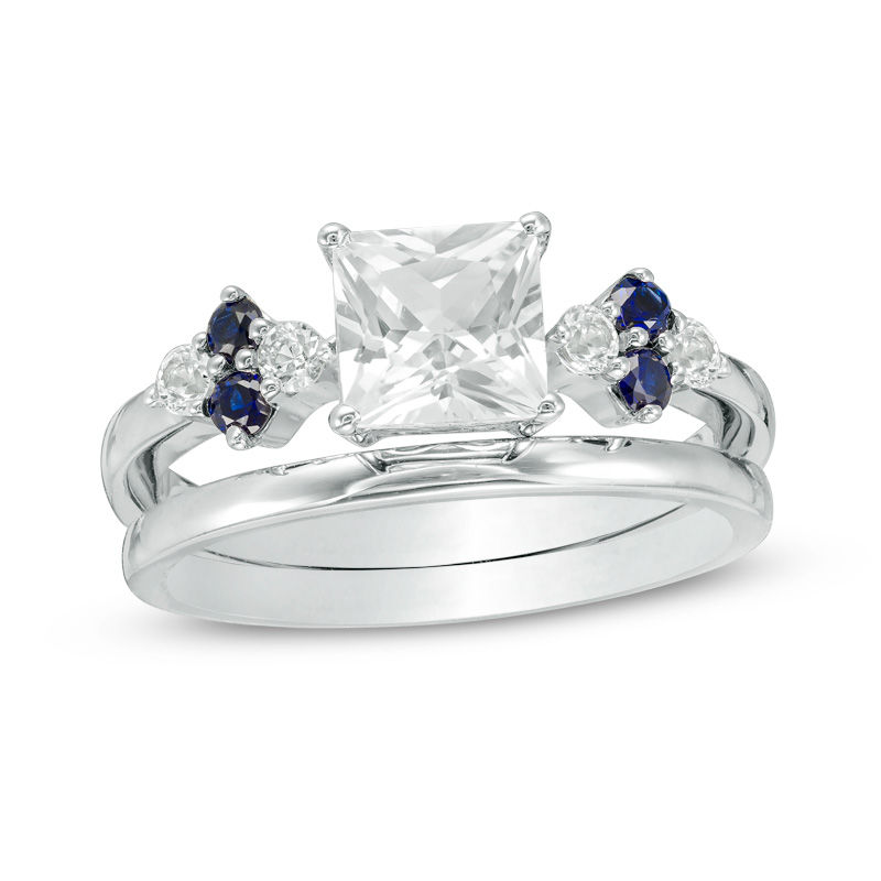 Main Image 1 of 5.0mm Princess-Cut Lab-Created White and Blue Sapphire Quad-Sides Bridal Set in Sterling Silver