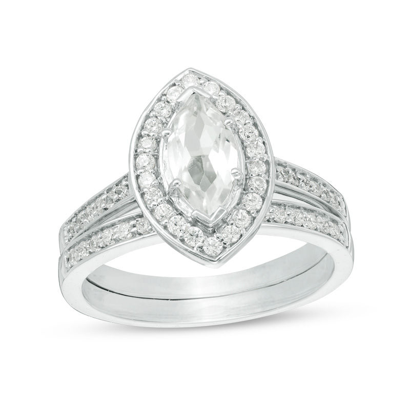 Marquise Lab-Created White Sapphire and 1/3 CT. T.W. Diamond Frame Bridal Set in Sterling Silver