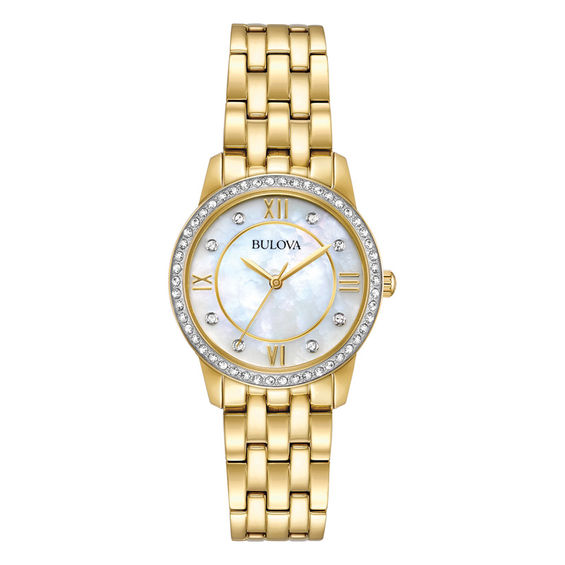 Ladies' Exclusive Bulova Crystal Accent Gold-Tone Watch and Bangle Boxed Set (Model: 98X115)
