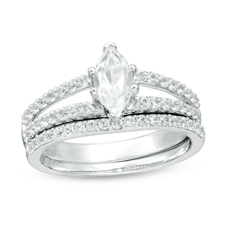 Main Image 1 of Marquise Lab-Created White Sapphire Split Shank Bridal Set in 10K White Gold