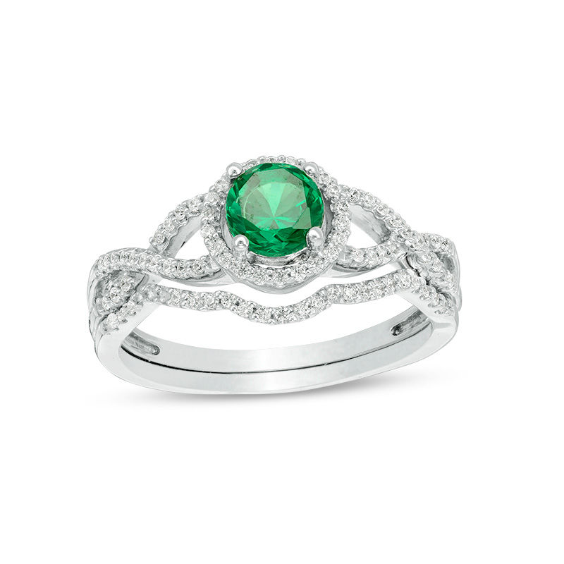 Main Image 1 of 5.2mm Lab-Created Emerald and 1/4 CT. T.W. Diamond Twist Shank Bridal Set in 10K White Gold