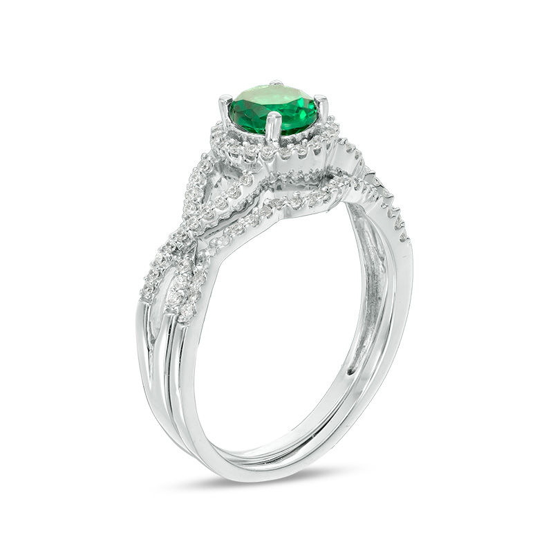 5.2mm Lab-Created Emerald and 1/4 CT. T.W. Diamond Twist Shank Bridal Set in 10K White Gold