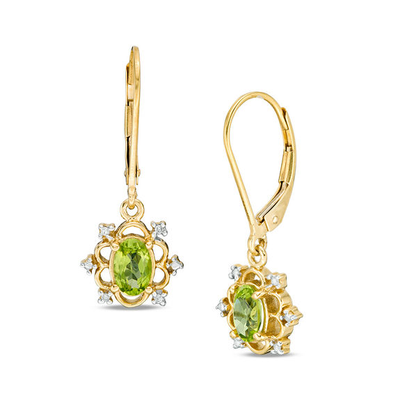 Oval Peridot and Diamond Accent Scallop Frame Drop Earrings in Sterling Silver with 14K Gold Plate