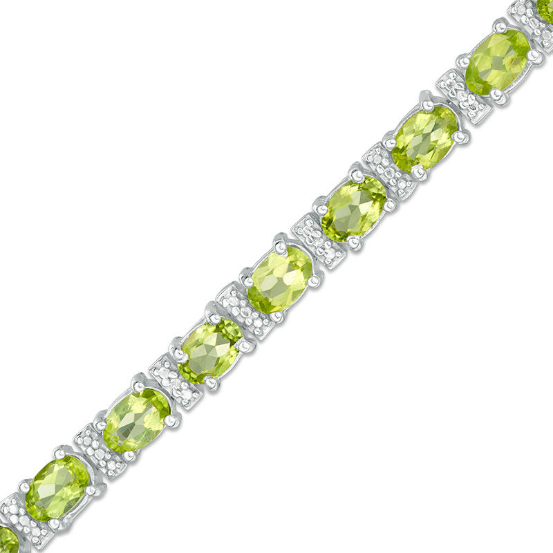 Oval Peridot and Diamond Accent Tennis Bracelet in Sterling Silver - 7.25"