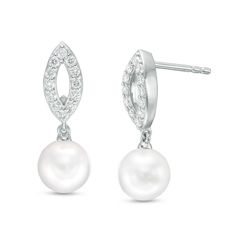 Main Image 1 of Blue Lagoon® by Mikimoto 6.5-7.0mm Akoya Cultured Pearl and 1/4 CT. T.W. Diamond Drop Earrings in 14K White Gold