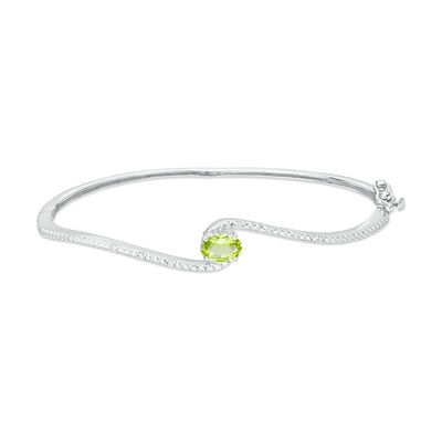 Oval Peridot and Diamond Accent Bypass Bangle in Sterling Silver