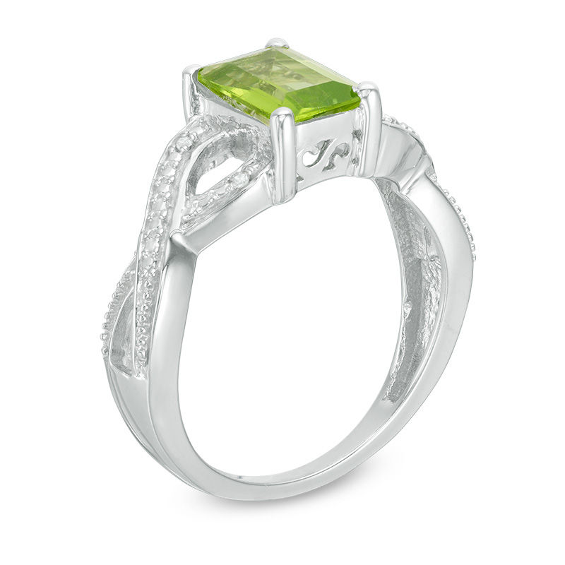 Emerald-Cut Peridot and Diamond Accent Twist Split Shank Ring in Sterling Silver