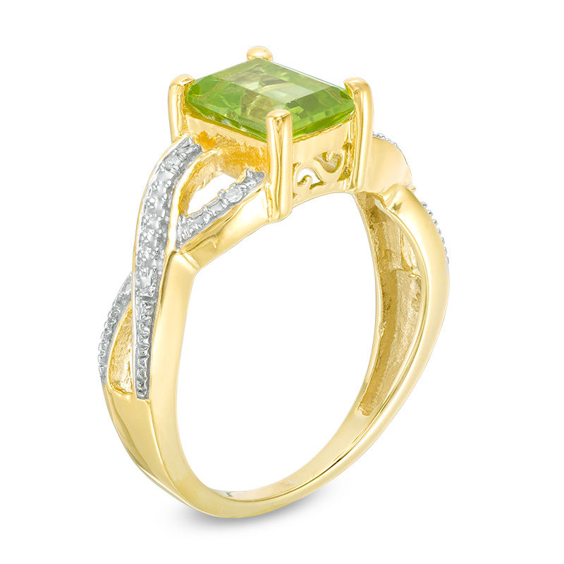 Emerald-Cut Peridot and Diamond Accent Twist Split Shank Ring in Sterling Silver with 14K Gold Plate