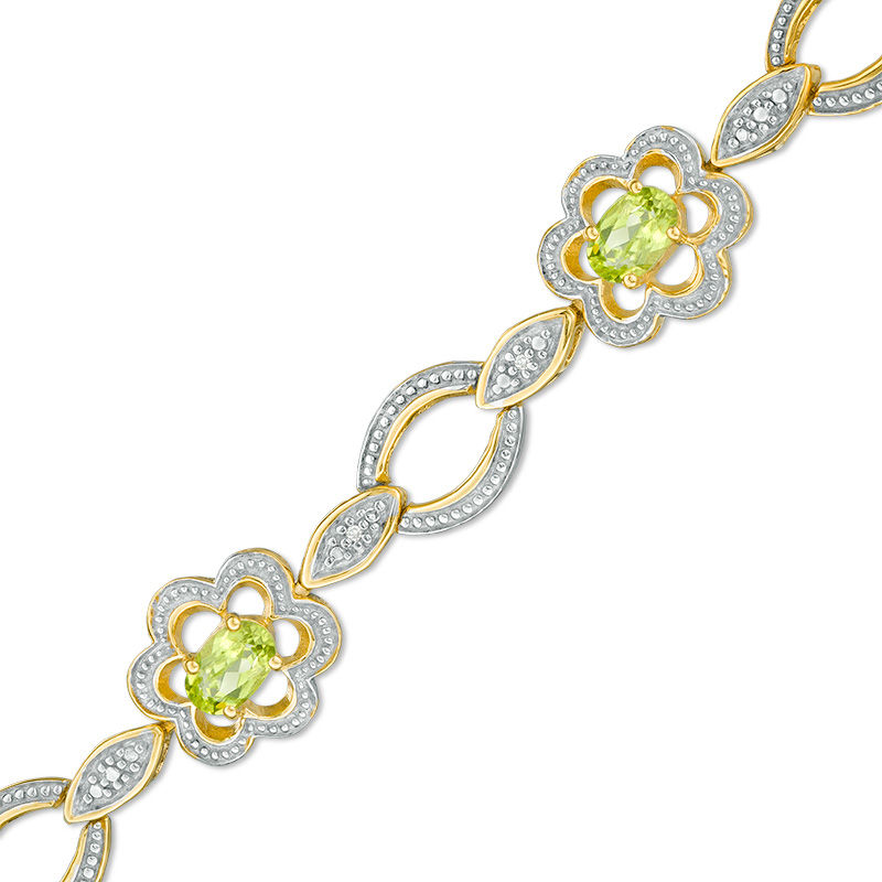 Main Image 1 of Oval Peridot and Diamond Accent Flower Link Bracelet in Sterling Silver with 14K Gold Plate - 7.25"