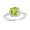 Thumbnail Image 1 of 7.0mm Cushion-Cut Peridot and Diamond Accent Frame Ring in Sterling Silver