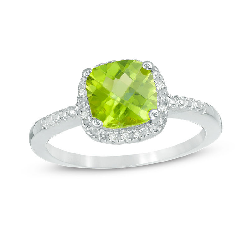 7.0mm Cushion-Cut Peridot and Diamond Accent Frame Ring in Sterling Silver