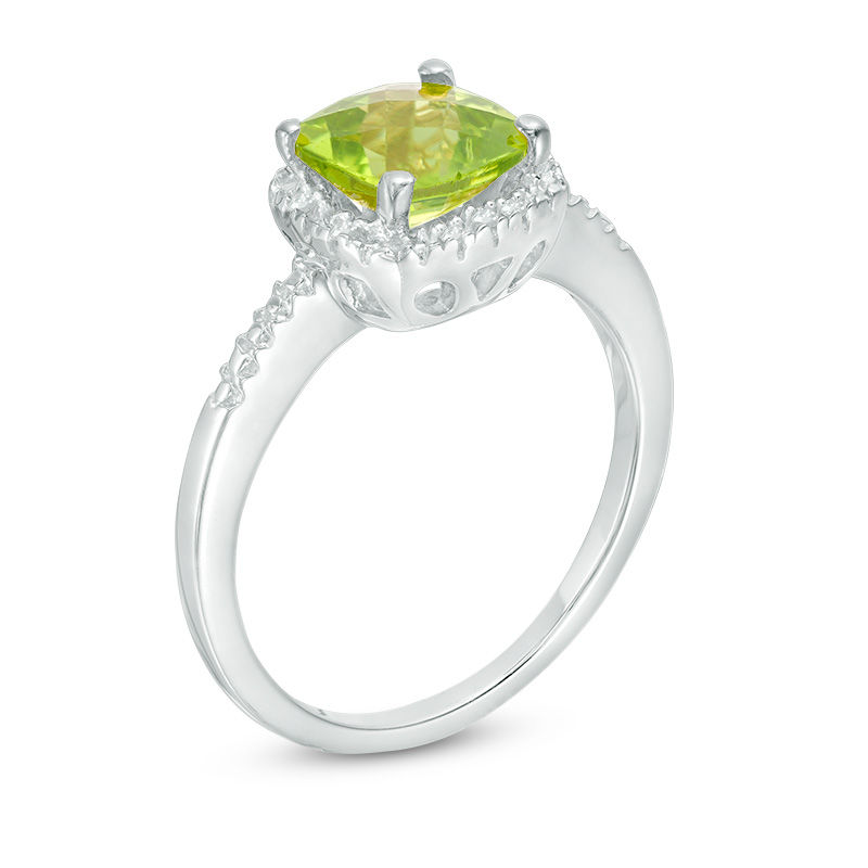 7.0mm Cushion-Cut Peridot and Diamond Accent Frame Ring in Sterling Silver