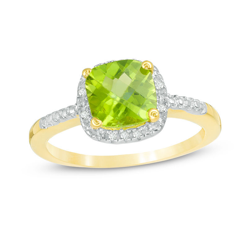 7.0mm Cushion-Cut Peridot and Diamond Accent Frame Ring in Sterling Silver with 14K Gold Plate