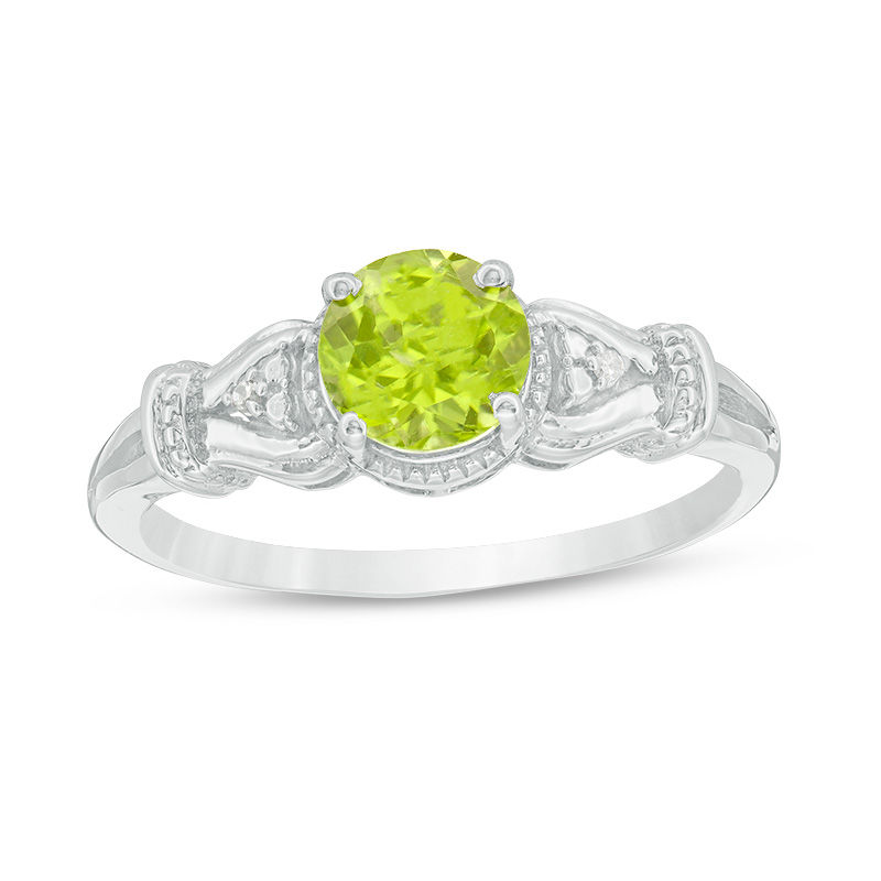 6.0mm Peridot and Diamond Accent Tri-Sides Collar Vintage-Style Ring in Sterling Silver