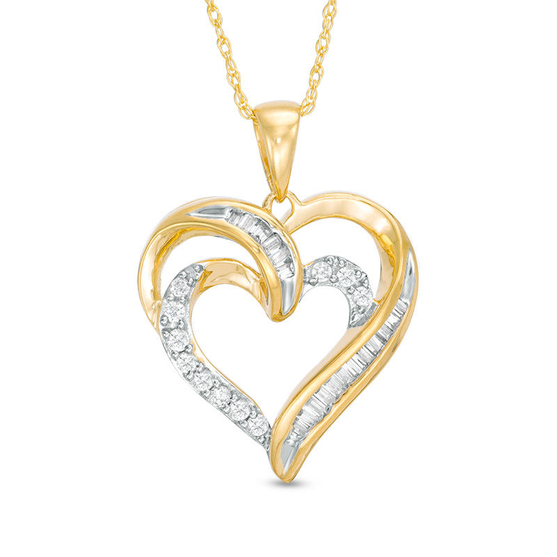 Main Image 1 of 1/4 CT. T.W. Baguette and Round Diamond Double Heart Pendant in 10K Gold