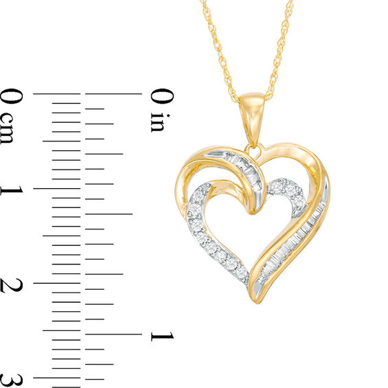 1/4 CT. T.w. Baguette and Round Diamond Double Heart Pendant in 10K Gold