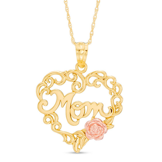 Mom in Heart with Rose Pendant in 10K Two-Tone Gold