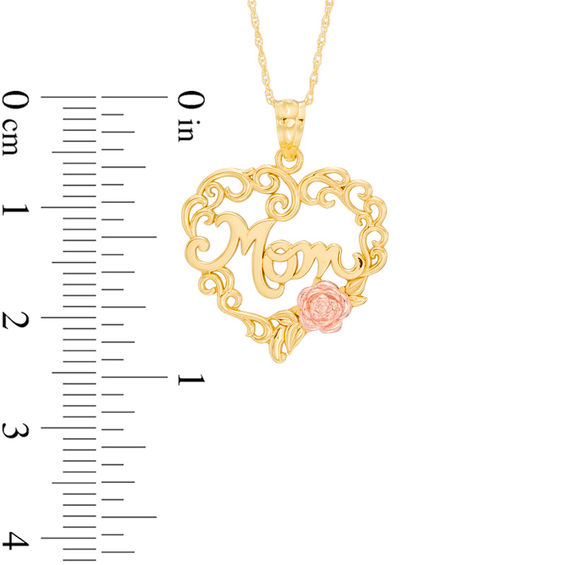 Mom in Heart with Rose Pendant in 10K Two-Tone Gold