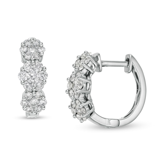 1 CT. T.w. Composite Diamond Three Stone Hoop Earrings in 14K White Gold
