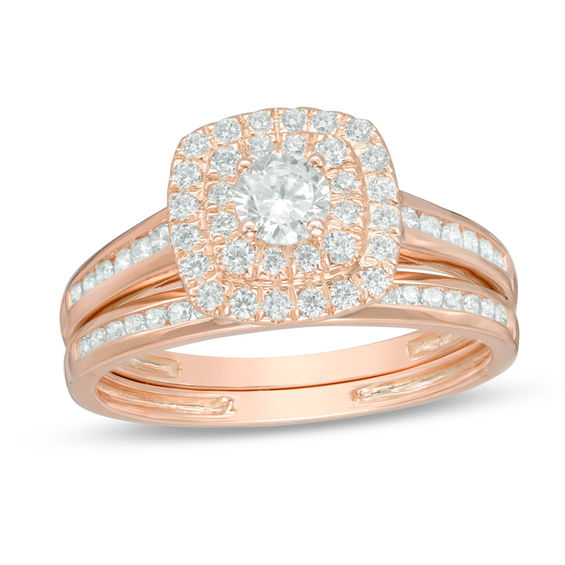 3/4 CT. T.w. Diamond Double Cushion Frame Channel Bridal Set in 10K Rose Gold