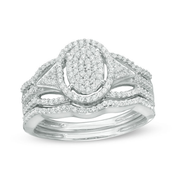 1/3 CT. T.w. Multi-Diamond Oval Frame Bridal Set in 10K White Gold