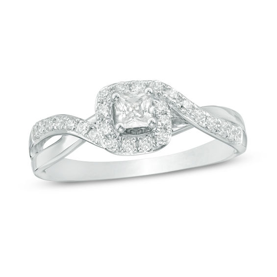 1/2 CT. T.w. Princess-Cut Diamond Swirl Bypass Frame Engagement Ring in 14K White Gold
