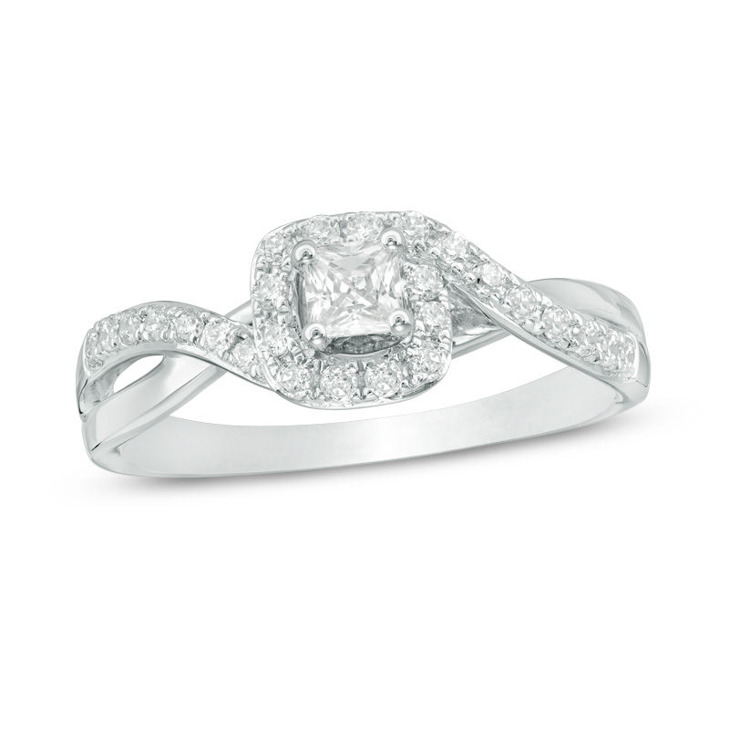 Main Image 1 of 1/2 CT. T.W. Princess-Cut Diamond Swirl Bypass Frame Engagement Ring in 14K White Gold