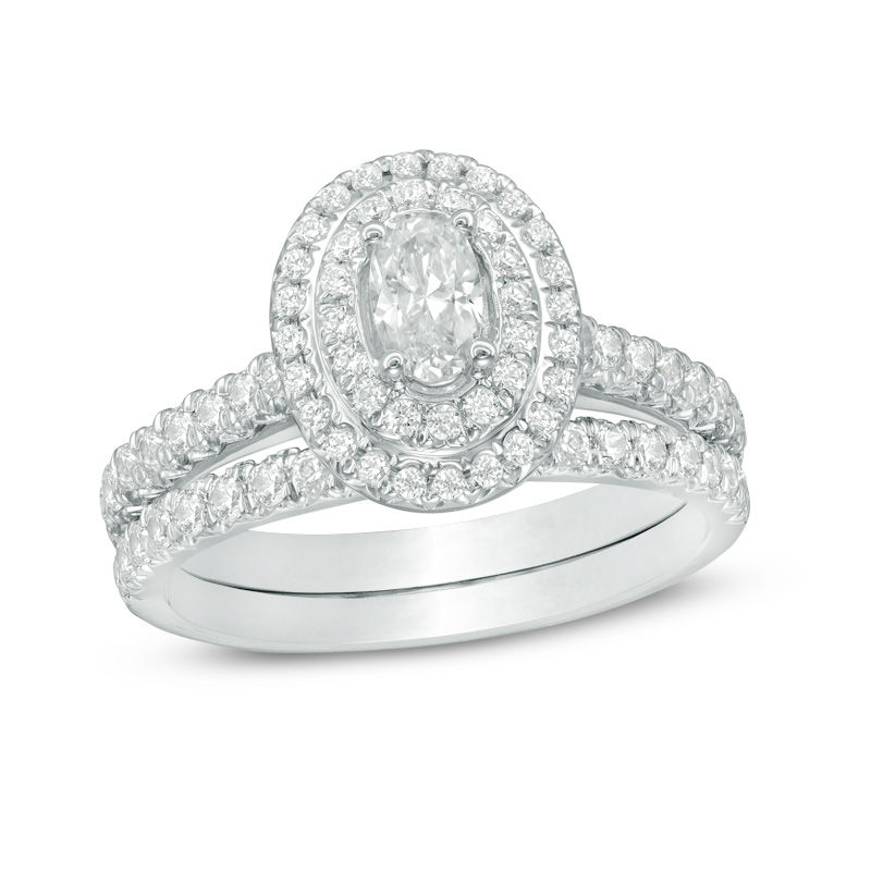 Main Image 1 of 1-1/4 CT. T.W. Oval Diamond Double Frame Bridal Set in 14K White Gold