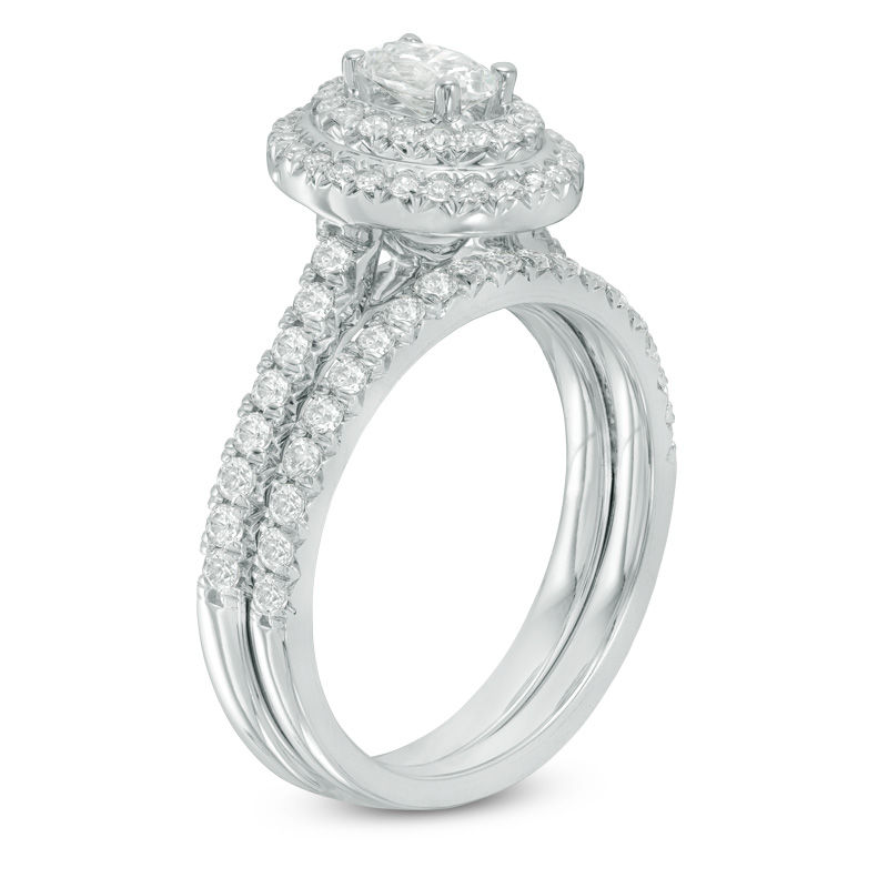 Main Image 2 of 1-1/4 CT. T.W. Oval Diamond Double Frame Bridal Set in 14K White Gold