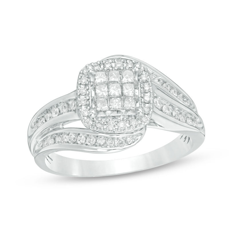 Main Image 1 of 1/2 CT. T.W. Princess-Cut Composite Diamond Frame Swirl Bypass Engagement Ring in 10K White Gold