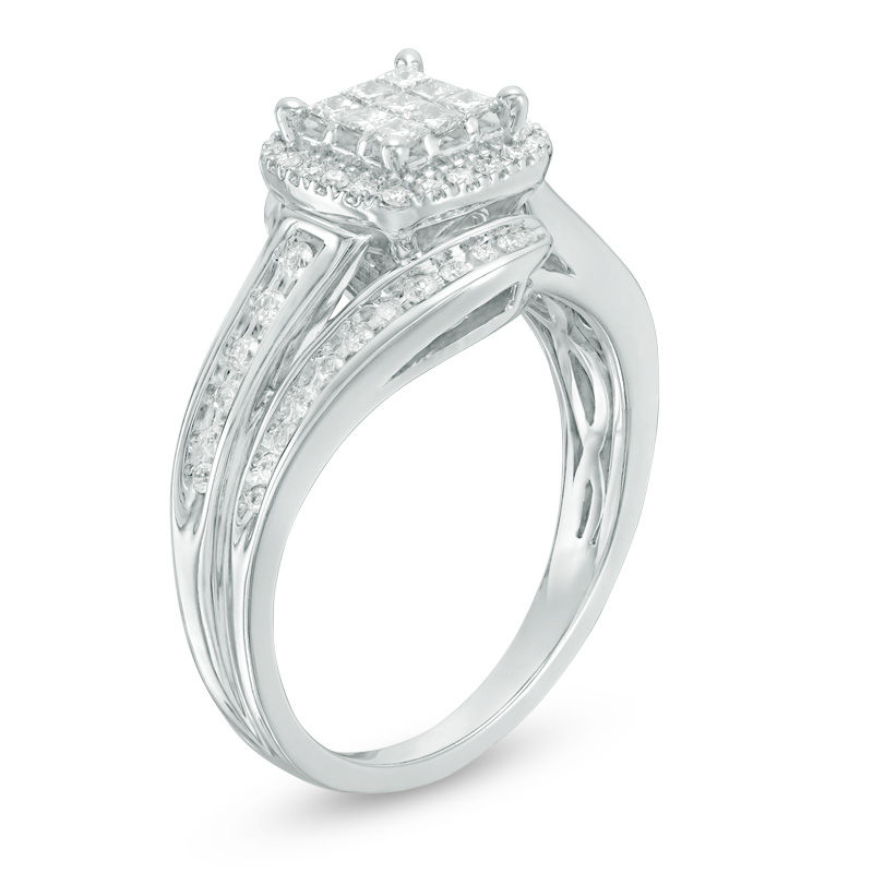 Main Image 2 of 1/2 CT. T.W. Princess-Cut Composite Diamond Frame Swirl Bypass Engagement Ring in 10K White Gold