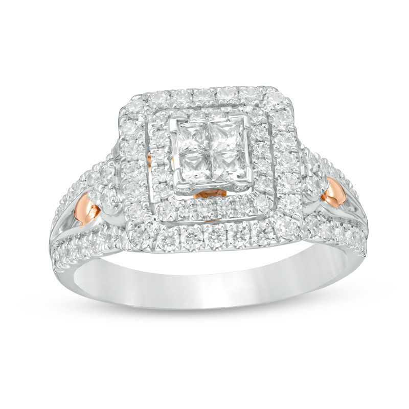 Main Image 1 of 1 CT. T.W. Quad Princess-Cut Diamond Double Frame Tri-Sides Engagement Ring in 14K Two-Tone Gold