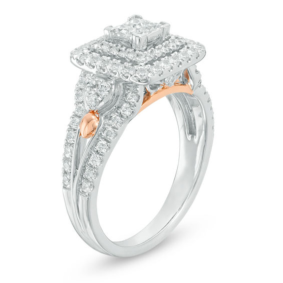 1 CT. T.w. Quad Princess-Cut Diamond Double Frame Tri-Sides Engagement Ring in 14K Two-Tone Gold