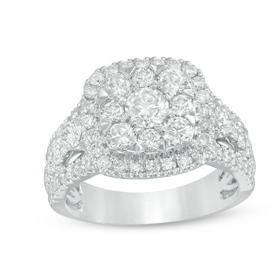 2 CT. T.w. Cushion Multi-Diamond Frame Engagement Ring in 14K White Gold