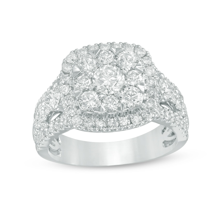 2 CT. T.W. Cushion Multi-Diamond Frame Engagement Ring in 14K White Gold
