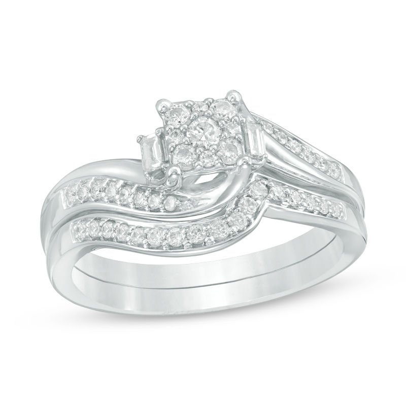 Main Image 1 of 1/3 CT. T.W. Composite Diamond Bypass Swirl Bridal Set in 10K White Gold