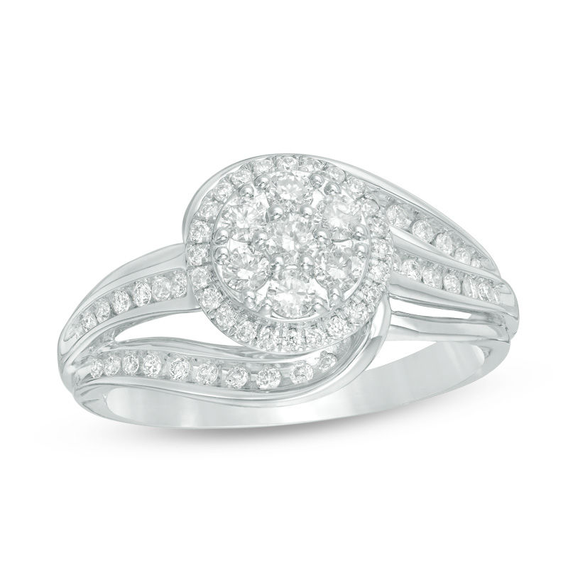 Main Image 1 of 1/2 CT. T.W. Composite Diamond Frame Swirl Bypass Engagement Ring in 10K White Gold