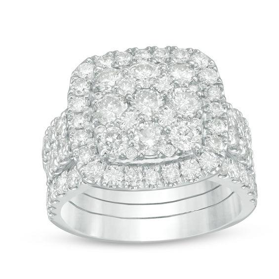 3-1/2 CT. T.w. Composite Diamond Cushion Frame Three Piece Bridal Set in 14K White Gold