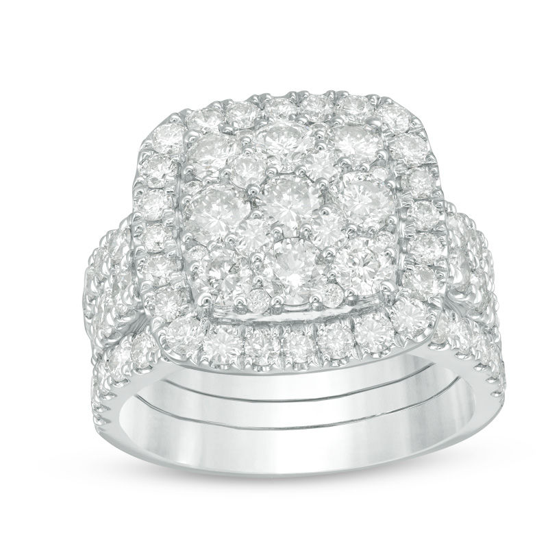 Main Image 1 of 3-1/2 CT. T.W. Composite Diamond Cushion Frame Three Piece Bridal Set in 14K White Gold