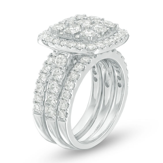 3-1/2 CT. T.w. Composite Diamond Cushion Frame Three Piece Bridal Set in 14K White Gold
