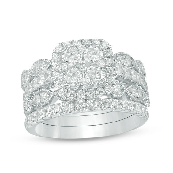 2 CT. T.w. Composite Diamond Cushion Frame Four Piece Bridal Set in 14K White Gold