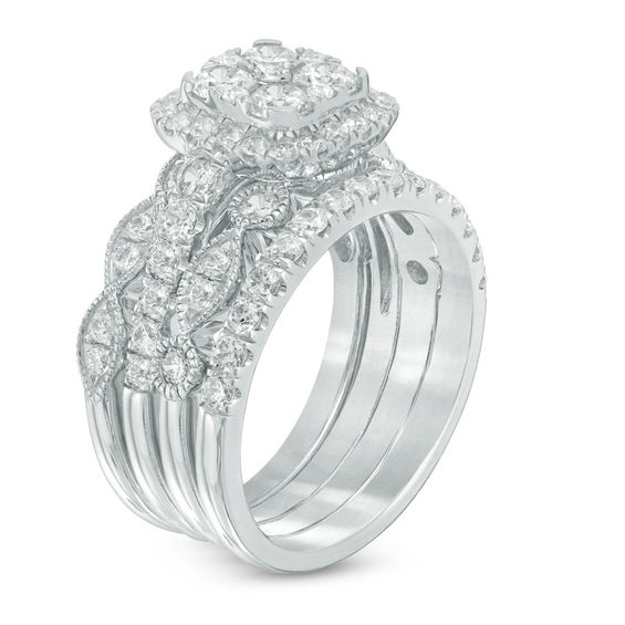 2 CT. T.w. Composite Diamond Cushion Frame Four Piece Bridal Set in 14K White Gold