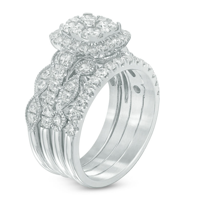 Main Image 2 of 2 CT. T.W. Composite Diamond Cushion Frame Four Piece Bridal Set in 14K White Gold