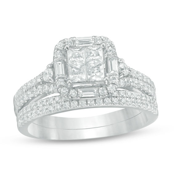 1-1/4 CT. T.w. Quad Princess-Cut Diamond Frame Bridal Set in 14K White Gold
