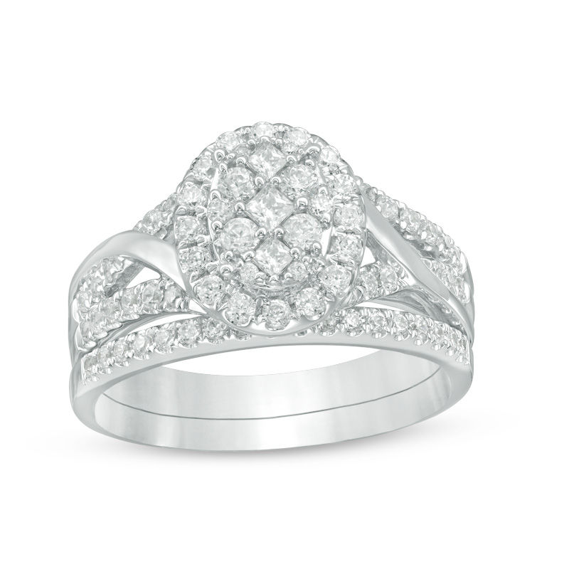 Main Image 1 of 5/8 CT. T.W. Composite Diamond Oval Frame Twist Engagement Ring in 14K White Gold