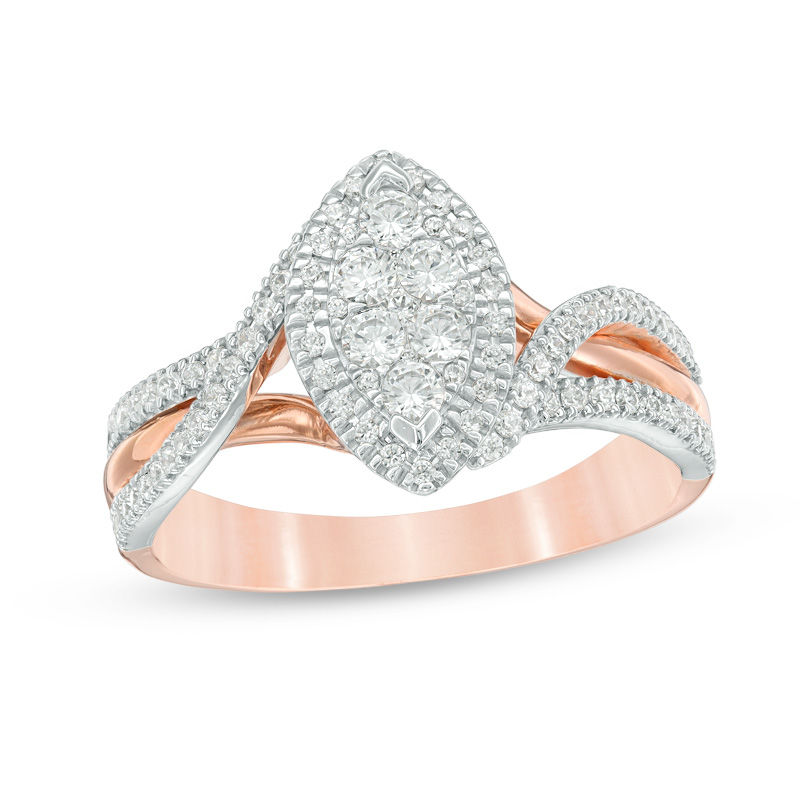 Main Image 1 of 1/2 CT. T.W. Composite Diamond Marquise Frame Bypass Engagement Ring in 14K Two-Tone Gold