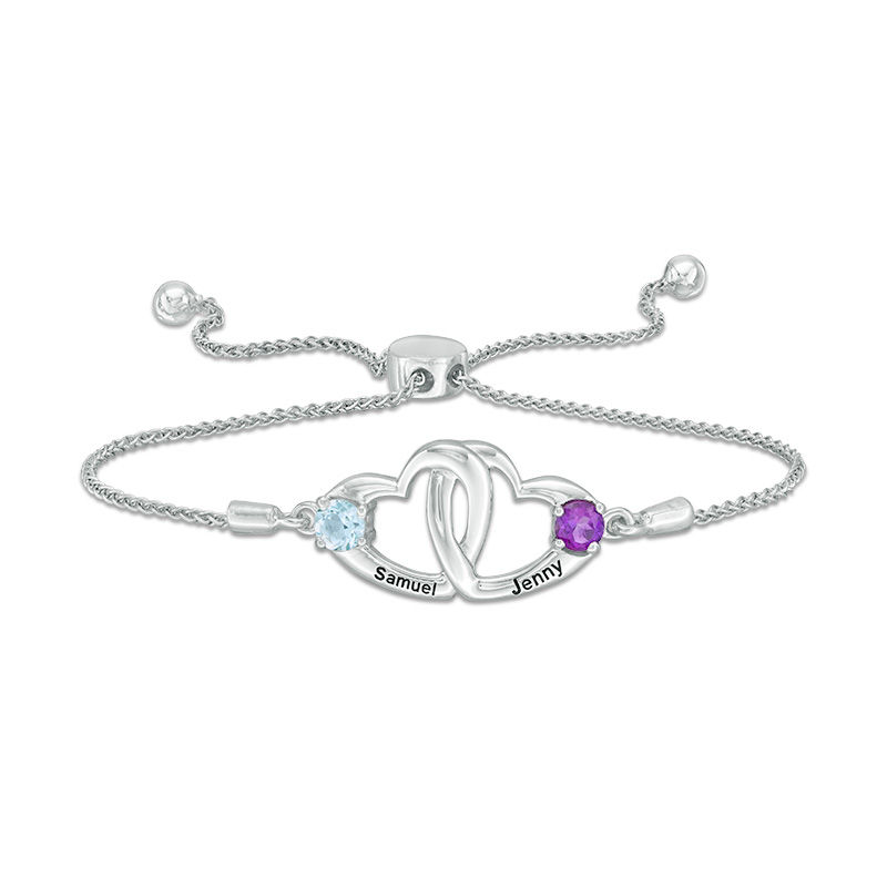Zales Couple s 4.0mm Simulated Birthstone Interlocking Heart Bolo Bracelet in Sterling Silver 2 Stones and Names